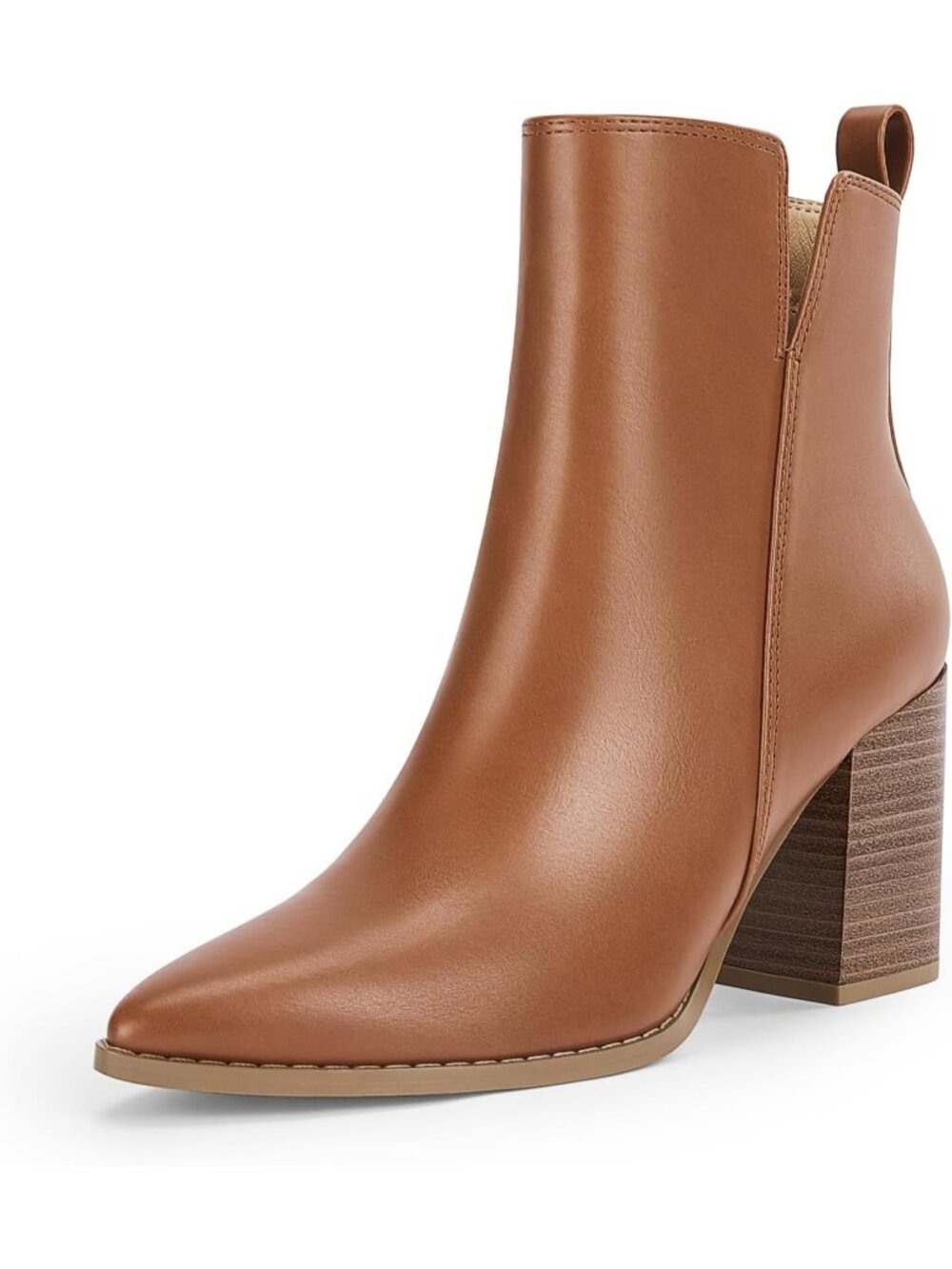 Women Light Brown V Cutout Pointed Toe Block Chunky Heel Side Zipper Ankle Boots